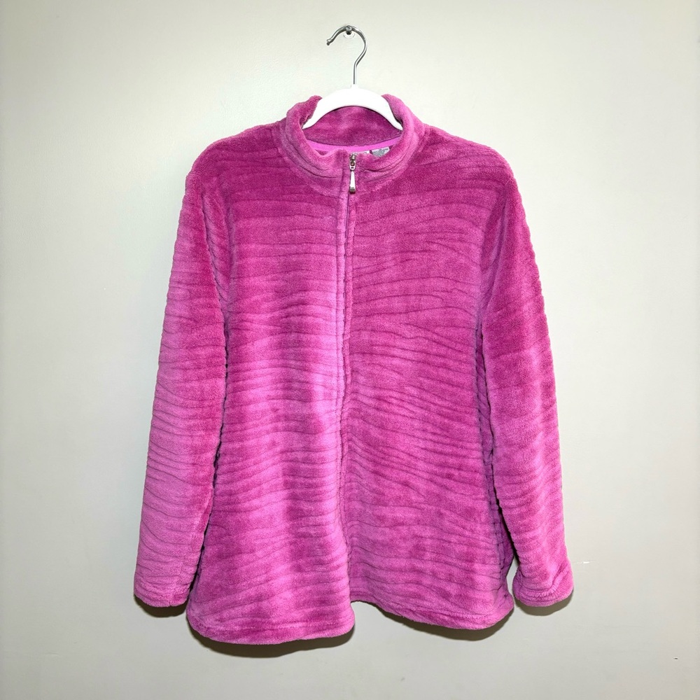 Mountain Lake Fuchsia Pink Velour Fleece Jacket Full Zip Mock Neck 1X Soft Plush